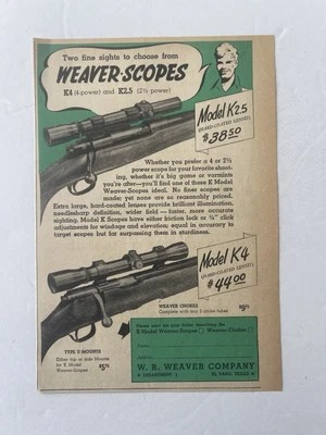 Винтаж 1946 печатная реклама Weaver Scopes K4 и K2.5 модели реклама - Изображение 1 из 2