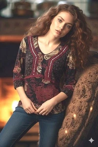 Sangria Size 10 Burgundy Paisley Studded V Neck Lined Blouse Vintage Boho Core - Picture 1 of 10