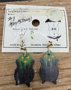 Vintage 1974 Ohrringe Holz Mary McDaniel signiert Handarbeit - Bild 1 von 8