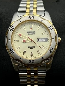 Vintage New 1994 SEIKO Sports 50 Men’s 40mm Quartz Watch Day Dt Gold SS Luminous - Picture 1 of 11