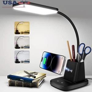 LED Desk Lamp Wireless Charger Pen Holder 3 Color Modes Dimmable Eye-Caring New - Picture 1 of 6