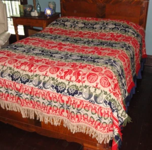 Antikes Jacquard Coverlet um 1800 ~ mehrfarbig ~ florales Design ~ Fransen intakt - Bild 1 von 22