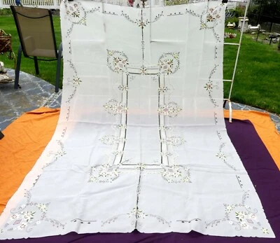 Fine  vintage Chinese hand embroidery of sheer organdy tablecloth 99” x 65” - Image 1 of 4