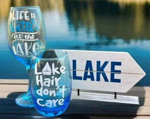 3pc Blue Summer Lake House Cabin Set Lot Wine Glasses Sign Life Is Better Hair - Picture 1 of 11