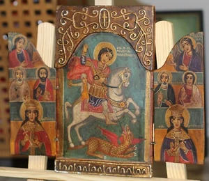 Chiesa ortodossa orientale icona trittico San Giorgio il Vittorioso dipinta a mano - Foto 1 di 12