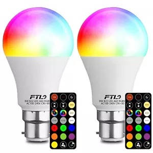 B22 30+Colour Changing LED Light Bulb A60 RGBW 8W with Remote Control 2-Pack - Picture 1 of 10