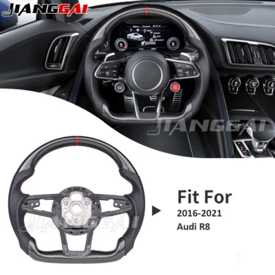 Volante de couro perfurado de fibra de carbono real compatível com Audi R8 TTRS TT 16-25 - Imagem 1 de 4