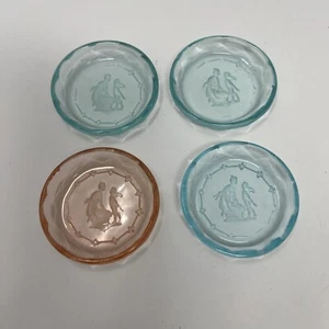 FOUR Round Vintage Czech Glass Intaglio Salt Dip/Cellar 2.25" ~ 3 Aqua & 1 Pink - Picture 1 of 4
