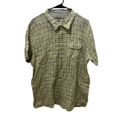 Men’s Flax Yellow Plaid Linen Button Down Shirt Size Medium - Image 1 of 4