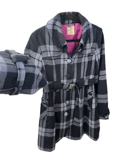 Anthropologie Tulle Wool Coat SZ L Blue & Black Plaid Belted Jacket Pink Lining - Picture 1 of 8