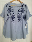 Women&#39;s NY Collection 100%CottonBreathable BlueWhite Embroidered RelaxedShirt 2X