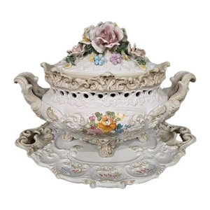 Sopa grande de porcelana Capodimonte de colección con plato para servir Italia pastel LEER - Imagen 1 de 24