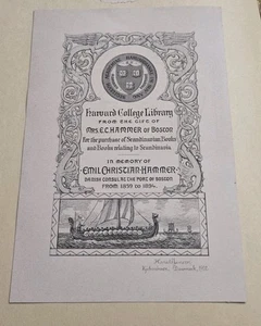 RARE 1902 HARVARD LIBRARY BOOKPLATE EC HAMMER HARALD JENSEN DRAGONS VIKING SHIP - Foto 1 di 12