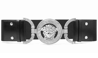 Nuevo con etiquetas Versace Medusa 95 Grande Logo Elástico Plateado Negro Cuero Cinturón Ancho L $1850 Foto 1 de 4