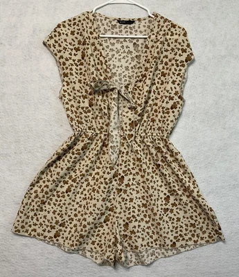 SHEIN Romper Womens Large Brown Tan Floral Print Short Sleeve Tie Front Casual - Image 1 of 4