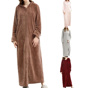 Women's Fuzzy Fleece Robe Hooded Zip Up Bathrobe Soft Warm Long Sleeve Housecoat - Picture 1 of 13