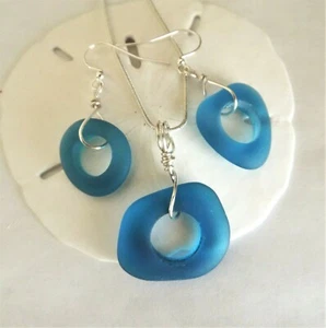 TEAL cultured sea glass jewelry Artisan ring set w 20" silver plate chain - Picture 1 of 6