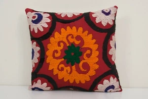 Suzani Ethnic Pillow, Red Ethnic Uzbek Cushion, Hand Embroidered 14" x 16" - Picture 1 of 4