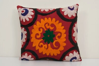 Suzani Ethnic Pillow, Red Ethnic Uzbek Cushion, Hand Embroidered 14" x 16" - Image 1 of 4
