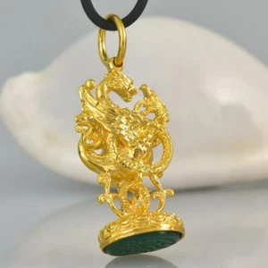 Pendant Gold Vermeil Sterling Green Chalcedony Dragon Fob Seal Stamp 14.00 g - Picture 1 of 12