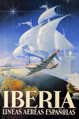 PÓSTER REPRO IBERIA LINEAS AÉREAS ESPAÑOLAS AVIÓN VIAJE MUNDIAL VINTAGE Foto 1 de 3