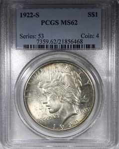 1922-S Peace Dollar PCGS MS62 Better Date $1 Flashy Luster - Picture 1 of 2