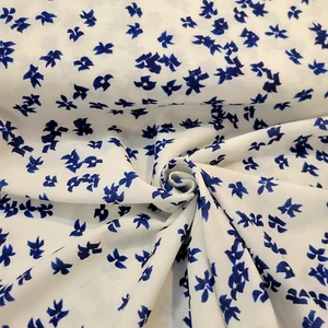 White Crepe de Chine with Tossed Blue Flowers - Designer Overstock, from Italy - Picture 1 of 3