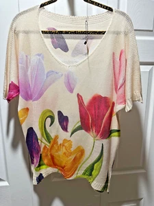 NWT V NECK pullover semi sheer top TULIPS 1X 2X 50x25 stretchy colorful floral - Picture 1 of 4