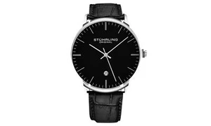 Stuhrling Men's Genuine Leather Quartz Dress Watch Gray or Black - Picture 1 of 6