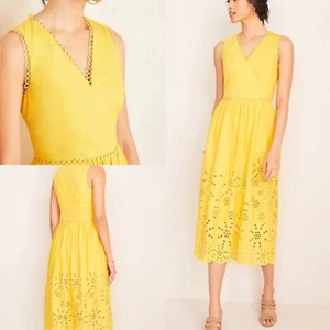 NWT Ann Taylor Yellow Eyelet Sleeveless Midi Dress Size 0 100% Cotton - Picture 1 of 9