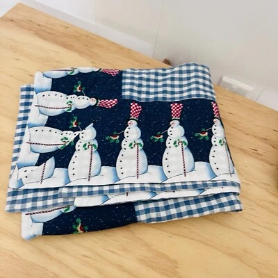 Christmas Tablecloth Cotton Linen Blend Xmas Square Theme Blue Check Snowman — 第 1/4 张图片