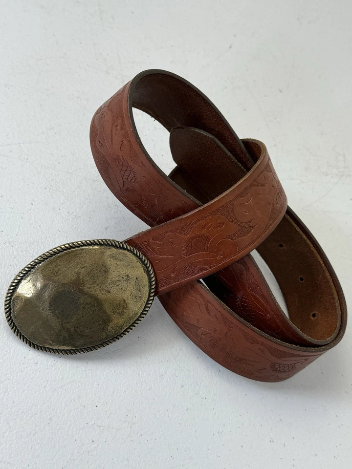 J Crew Tooled Belt Brown Leather Brass Buckle USA Women's Medium Size 36 - Image 1 of 4