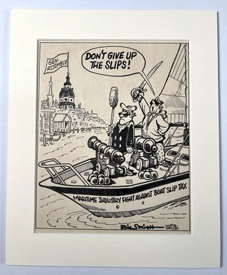 1983 Eric Smith Original Cartoon Capital Gazette Boat Slip Tax 11x9 Matted Art - Image 1 of 4
