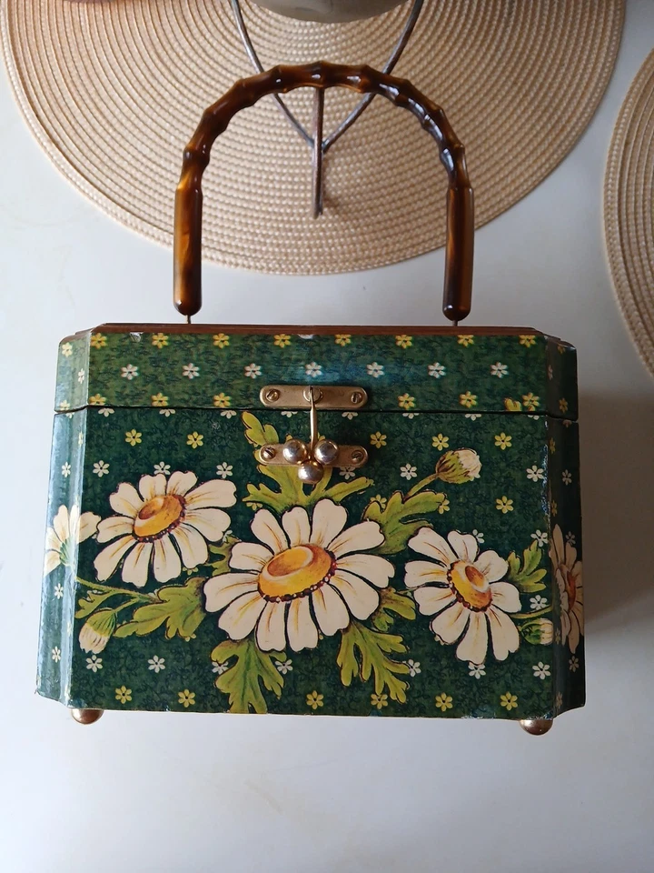 Bolso de Mano Vintage Madera Decoupage Lucite Mango Cottagecore Margarita 1960 Verde Foto 1 de 4