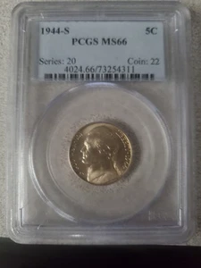 1944 S SILVER WARTIME JEFFERSON NICKEL PCGS MS 66 EXCELLENT Best on Market - Picture 1 of 2