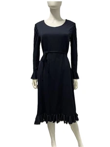 Vestido de día vintage años 70 I. MAGNIN azul marino jersey tejido volantes botones mujer M - Imagen 1 de 10