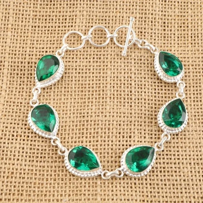 Faceted Green Emerald Gemstone Sterling Silver Wedding Chain Bracelet Jewelry - Image 1 of 4