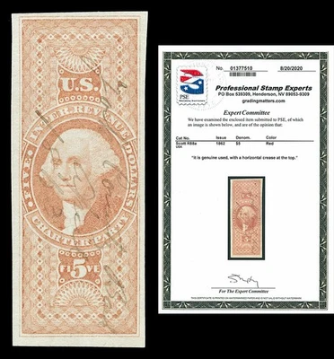 Scott R88a 1862 $5.00 Imperf Charter Party Used VF Cat $350 with PSE CERT - Image 1 of 2