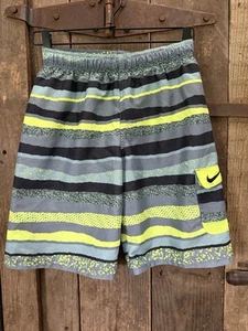 Nike Swim Trunks Youth Boys Large Gray Black Green Neon Drawstring Beach Swoosh - Picture 1 of 10