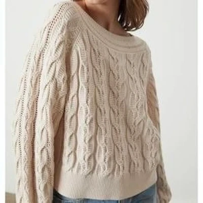 VELVET Graham & Spencer Sweater Dennie Boat Neck Cable Knit Cream Pullover Sz S - Image 1 of 4