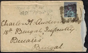 Great Britain 1894 Cover w/ QV SG 201 2 1/2d Blue & BENARES Receiver - Picture 1 of 2