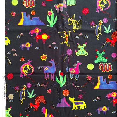 Alexander Henry Southwestern Petroglyphs Neon Colors On Black Cotton Fabric 3+YD - Image 1 of 4