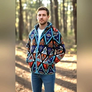 Free Nature NYC Tribal Fleecejacke Herren L Farbe Geo Aztec Kapuze Gorpcore Hippie - Bild 1 von 24