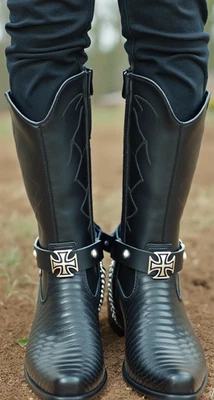 Uomo Western Stivale Argento Catena Nero Pelle 2 Cinghie Bracciale Croce Biker - Immagine 1 di 4