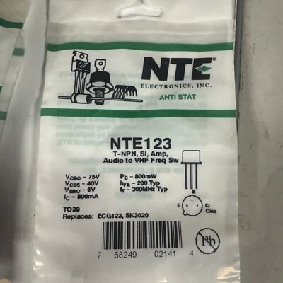 NTE Electronics NTE123 Transistor NPN Silicon 75V IC-0.8A TO-39 Audio Amp - Image 1 of 3