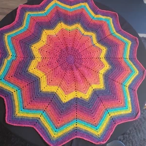 Hand Crochet Rainbow 12 Point Star Baby Blanket 42" Round - Pinks, Purples - Picture 1 of 3