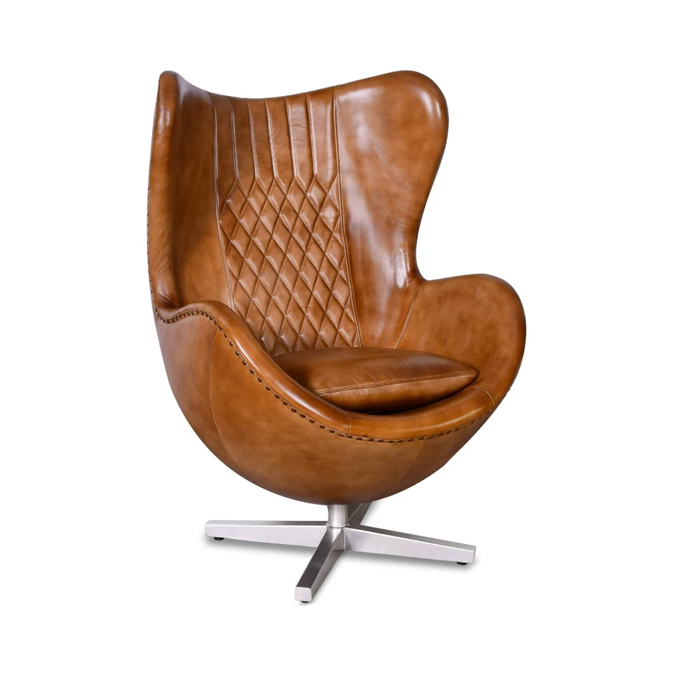 ELM HOME AND GARDEN 100% Real Genuine Leather Swivel Egg Aviator Wing Accent Arm Chair Brown Tan
