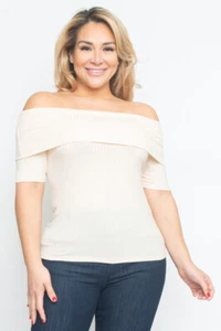 Top de mujer talla grande beige hombro frío 2XL acanalado elástico - Imagen 1 de 3