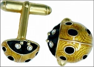 Ladybug Cufflinks In Gold & Black Enamel over Pewter & Brass With Crystals - Picture 1 of 2
