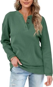 Womens Casual Sweatshirts Henley Button Up Long Sleeve Tunic Tops Small Green - Picture 1 of 5